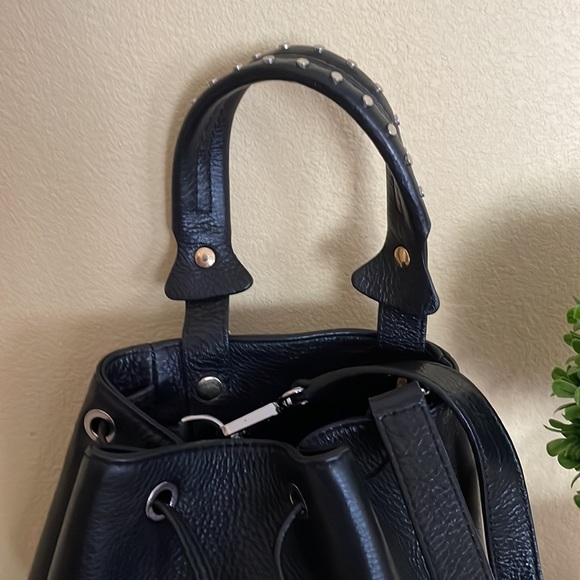 SANDRO Paris Alane Black Studs Pebble Leather Bucket Bag Tassel - Picture 6 of 12